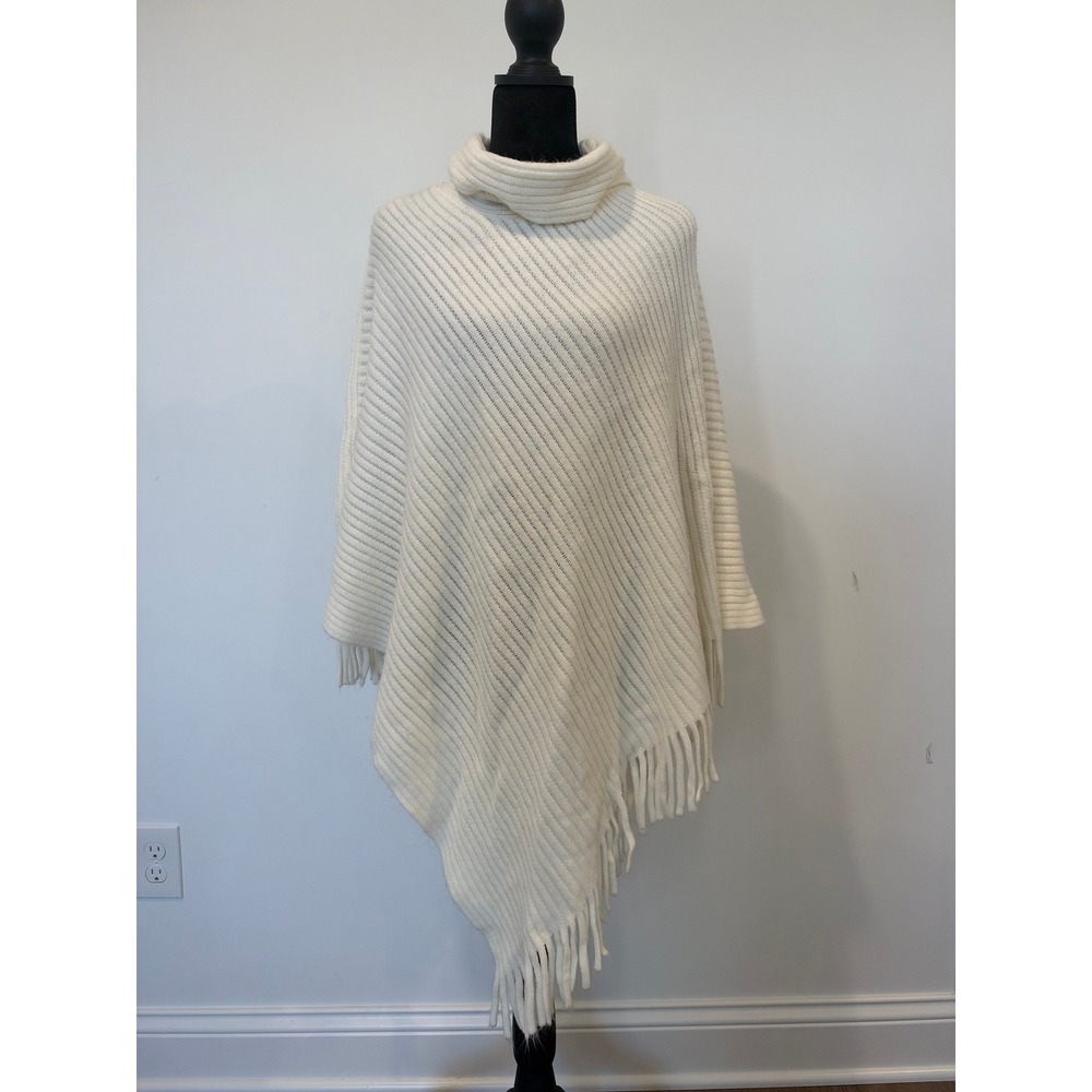 New York & Company Cream White Turtleneck Fringe Poncho Sweater One Size